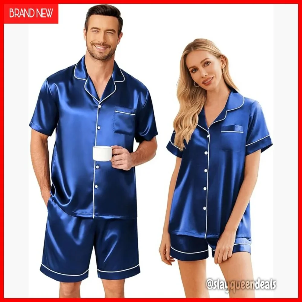 Silk Satin Pajama Set Short Sleeve Button Down Lounge Sleepwear Regular Fit